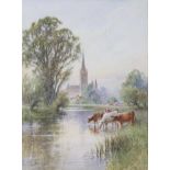 Henry J Kinnaird (1861-1920) Cattle watering before Salisbury Cathedral Workers in a field