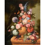 John Bentham-Dinsdale (1927-2008) Still life of assorted flowers in an urn on a marble ledge Signed,