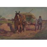 Continental School (20th century) The hay cart Indistinctly signed, oil on board, 54.5cm by 77cm