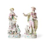 A Pair of Derby Porcelain Figures of the Dresden Shepherd and Shepherdess, circa 1765, he standing