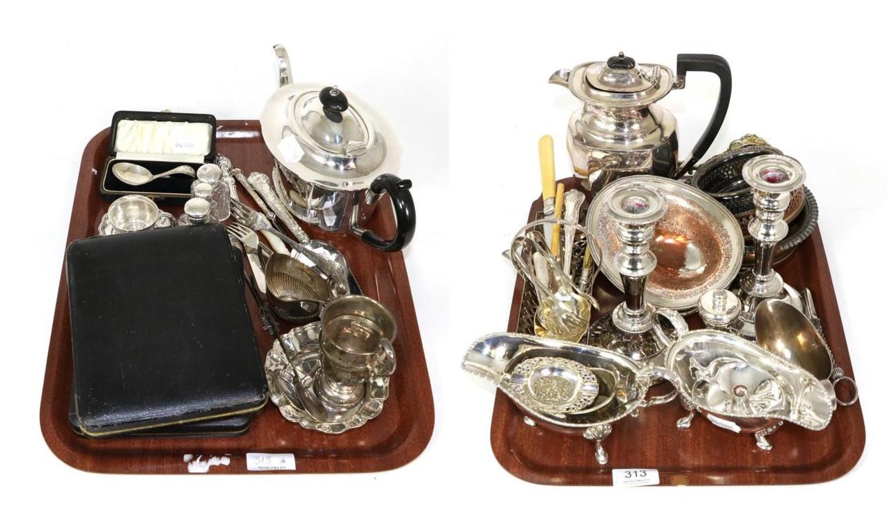 Assorted silver items to include a small twin handled trophy; small dish; glass jars; Continental