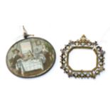 A steel framed pendant hand mirror, late 17th century, the reverse with colour engraving showing a