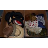 Three black bowler hats, panamas, assorted umbrellas, shooting stick, red and white patchwork panel,