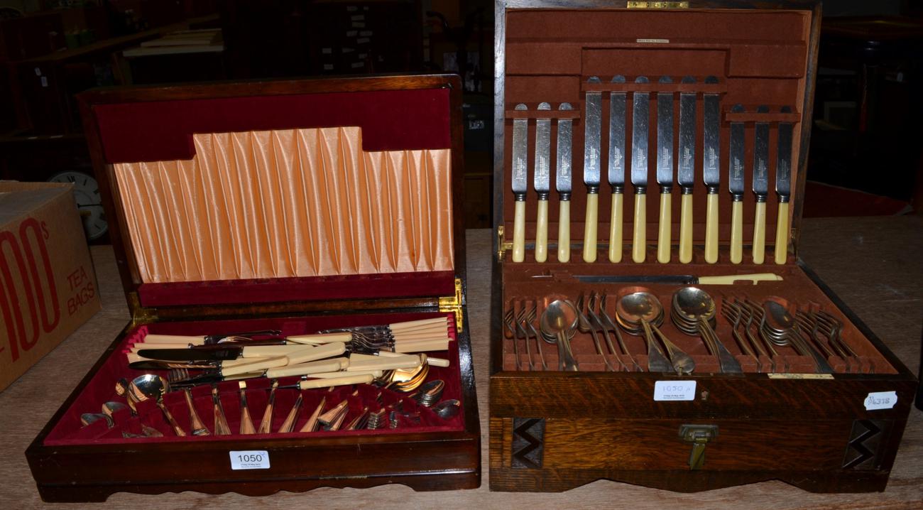 A Joseph Rogers & Sons, Sheffield oak cased canteen of flatware together with another canteen of