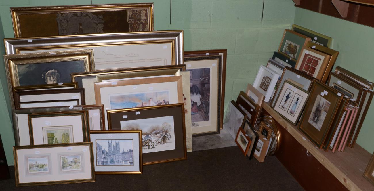 A large quantity of prints, watercolours, framed textiles and other pictures including a framed