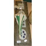 Late 19th century green and white silk panelled parasol, on cream painted wooden handle, with