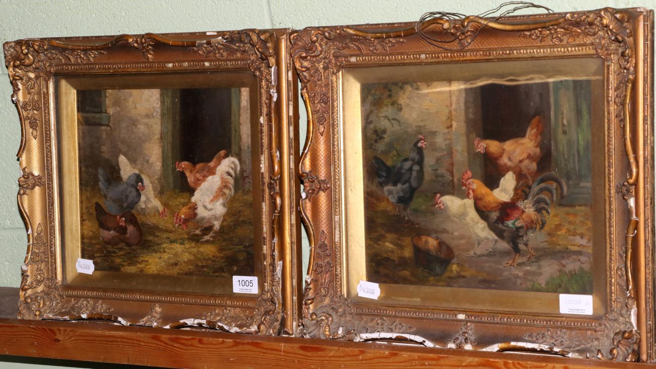 H Clark, signed and dated lower right, chickens in a farmyard along with a companion, oil on