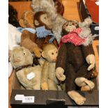 Assortment of soft toys, including a Merrythought jointed monkey, three others similar, clockwork