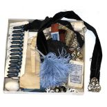 Assorted items including dress studs, cufflinks, blue ostrich feather hair piece, plated hinged
