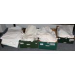 Assorted white linen cloths, pillowcases and sheets etc (five boxes)