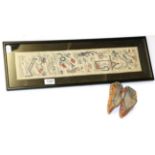 Chinese embroidered silk sleeve band, framed; pair of Chinese silk shoes (2)Shoes; silk very