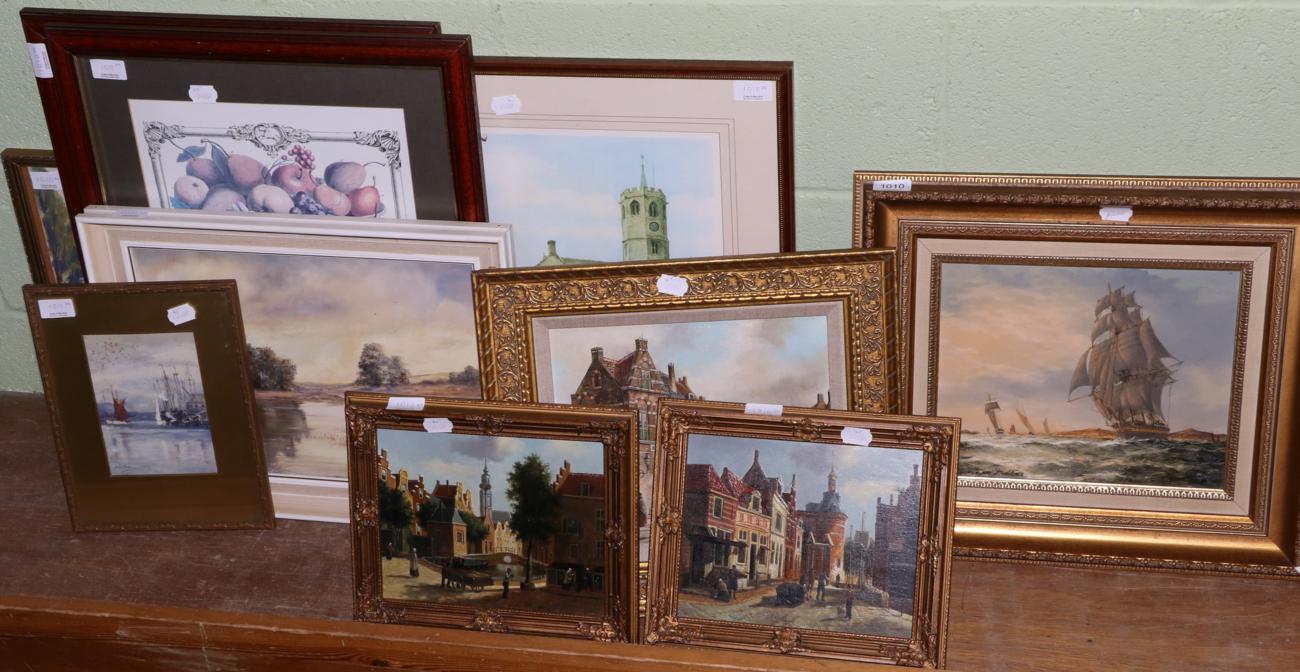 A group of 20th century oils on boards including a seascape, a rural scene, two Continental