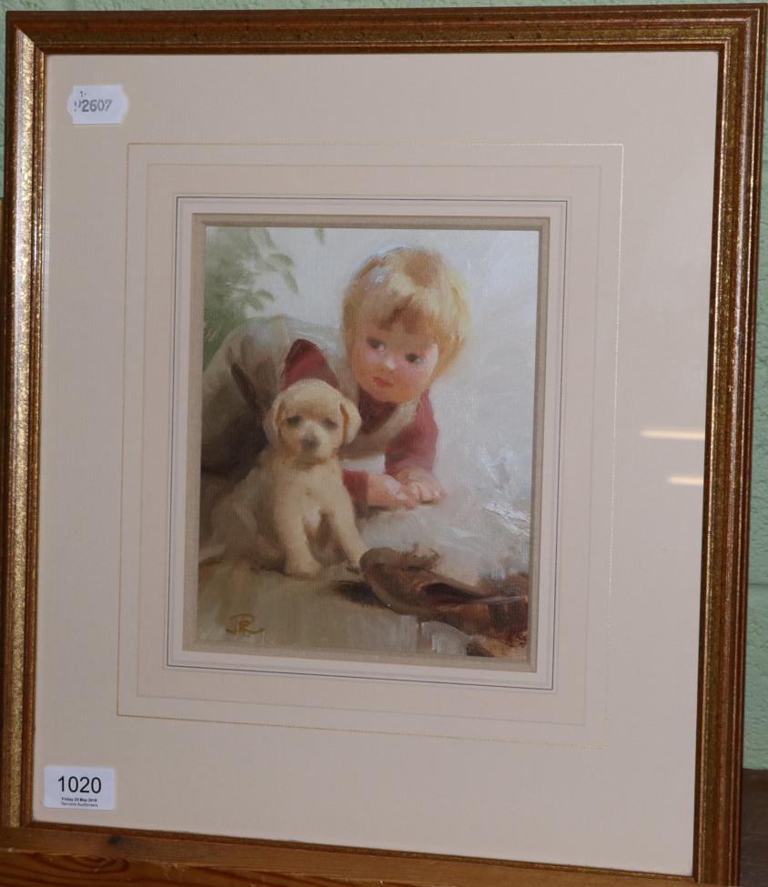 John Richard Townsend (1930 - 2013), Young boy with puppy, initialled, oil on canvas board, 20cm