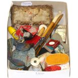 Assorted sewing accessories, pin cushions, crochet hook, miniature wooden doll with bead decoration,