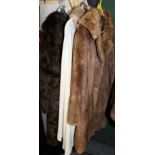 Dents (new) cream fleece poncho with faux fur trims and matching hat; brown fur coat with shawl