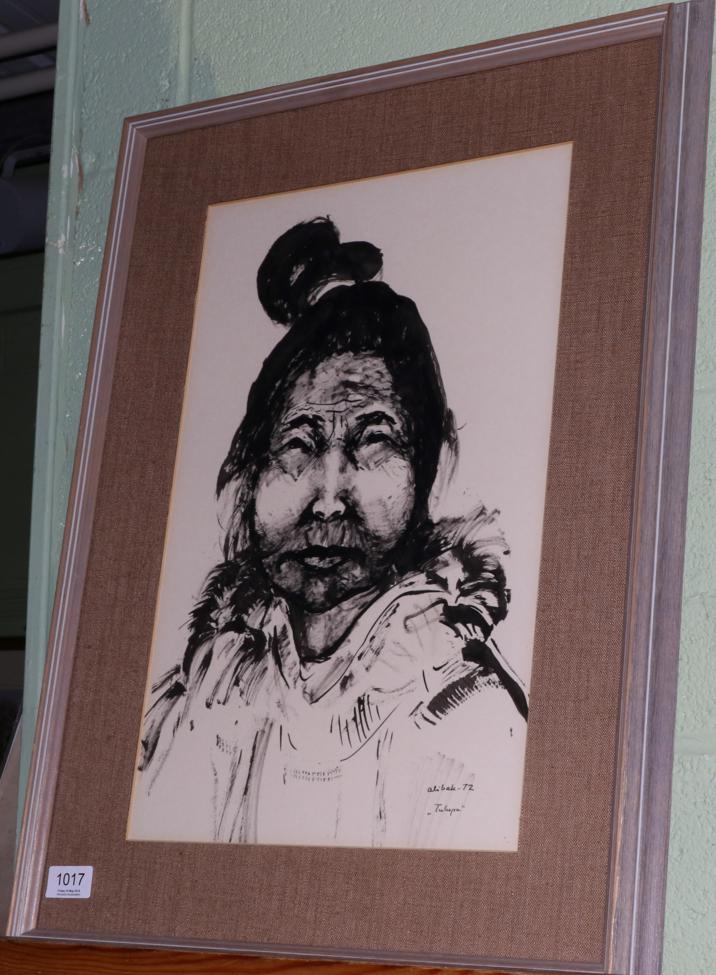 Greenlandic Eskimo pen and ink drawing ''Tulupa'' signed and dated aliban 72, lower right