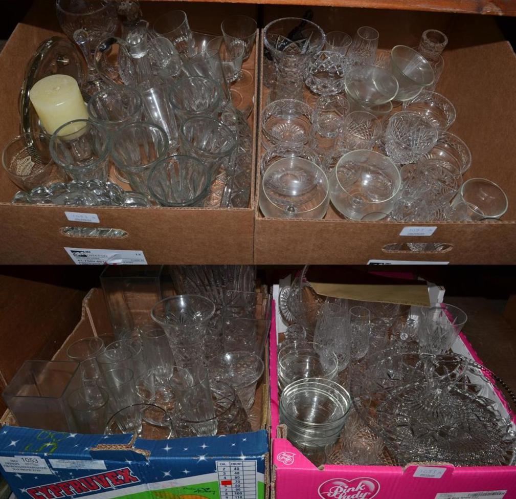 Four boxes of various household glass