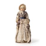 Late 18th Century Miniature Carved and Painted Wooden Doll, with inlaid glass eyes, painted face,