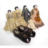 Five China Shoulder Head Dolls House Dolls, of varying heights, all fully dressed with bisque
