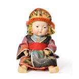 Armand Marseille Ellar Star Oriental Bisque Socket Head Doll, with painted hair and face, sleeping