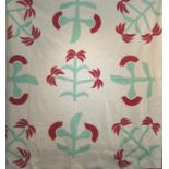 Late 19th Century Quilt, appliquéd with palm trees in green and red on a white linen damask