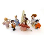 Six Large China Half Dolls, primarily in the 1920/30s style; and a miniature Seated China Half
