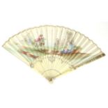 An 18th Century Ivory Fan, the guards and gorge inlaid with engraved mother-of-pearl panels, and