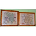 Two 17th century hand coloured maps after Saxton ''Cumbria'' and ''Derbyshire''