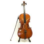 Cello 27 1/2'' two piece back, label reads 'Copy of Stradivari Made in Korea', with bow stamped 'W