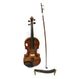 Violin 14'' two piece back, ebony fingerboard and tailpiece, no maker's mark, (cased with bow)Has