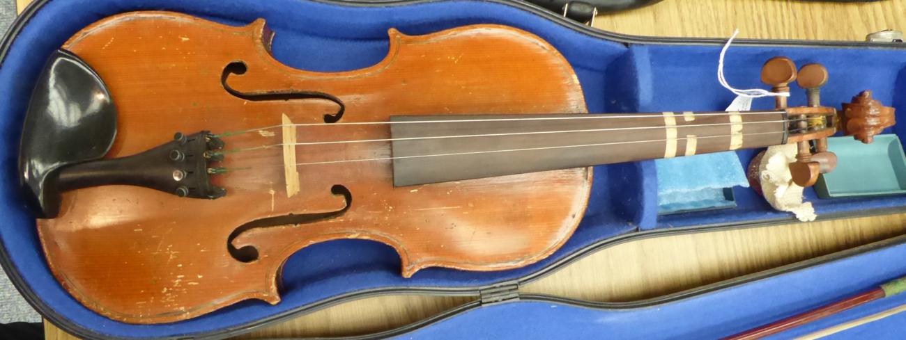 Violin 14'' one piece back, no label or maker's mark, cased with bowSome evidence of being - Image 2 of 14