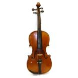 Violin 14'' two piece back, has two labels '3' and one with lyre picture and 'JTL', scroll edges