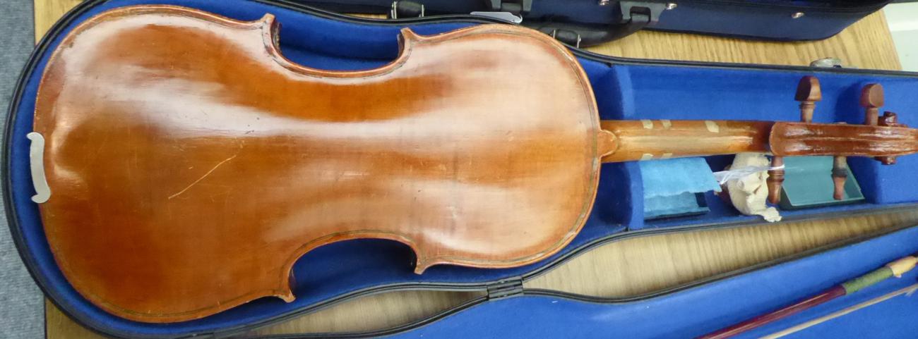 Violin 14'' one piece back, no label or maker's mark, cased with bowSome evidence of being - Image 4 of 14