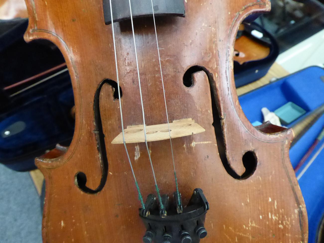 Violin 14'' one piece back, no label or maker's mark, cased with bowSome evidence of being - Image 10 of 14