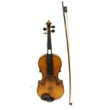 Violin 14 1/4'' two piece back, ebony fingerboard, no label, cased with bow and two tailpieces on