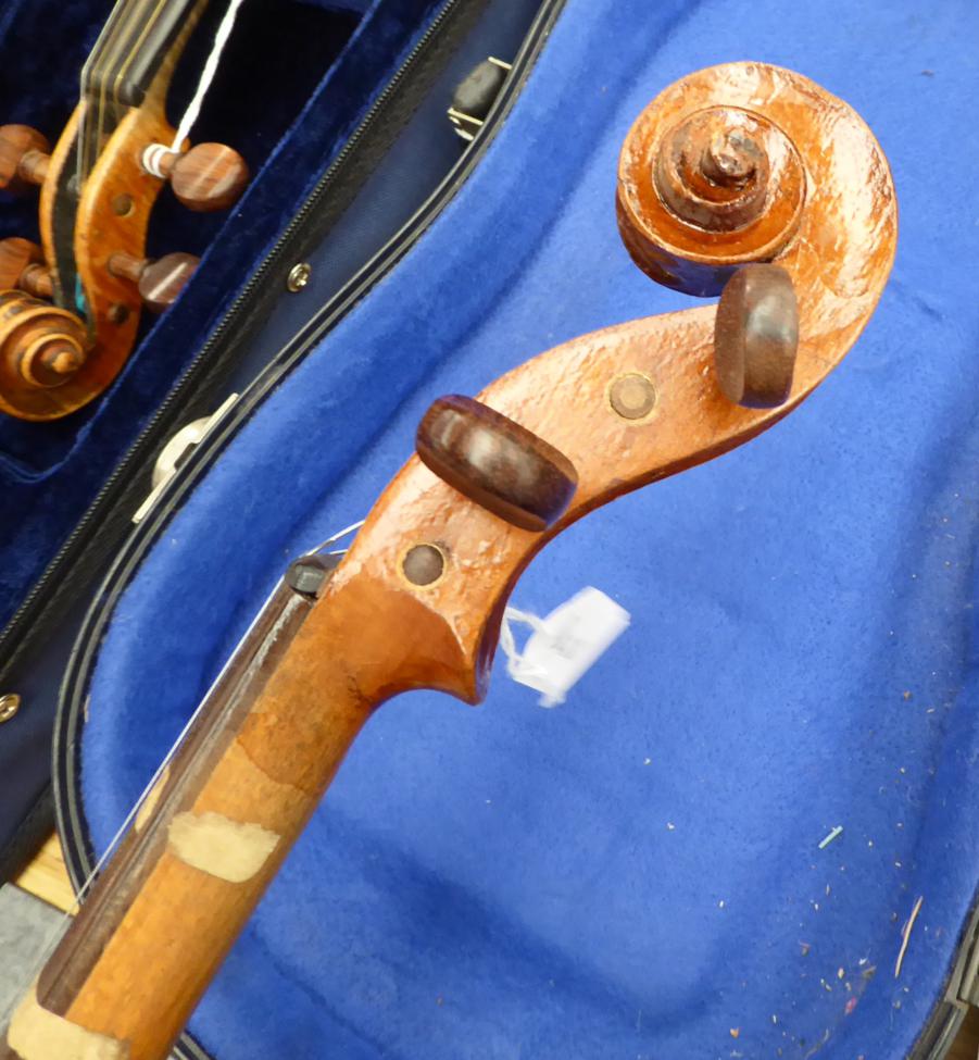 Violin 14'' one piece back, no label or maker's mark, cased with bowSome evidence of being - Image 7 of 14