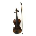 Violin 14 1/8'' two piece back, no label, ebony fingerboard and tailpiece, cased with bowNo