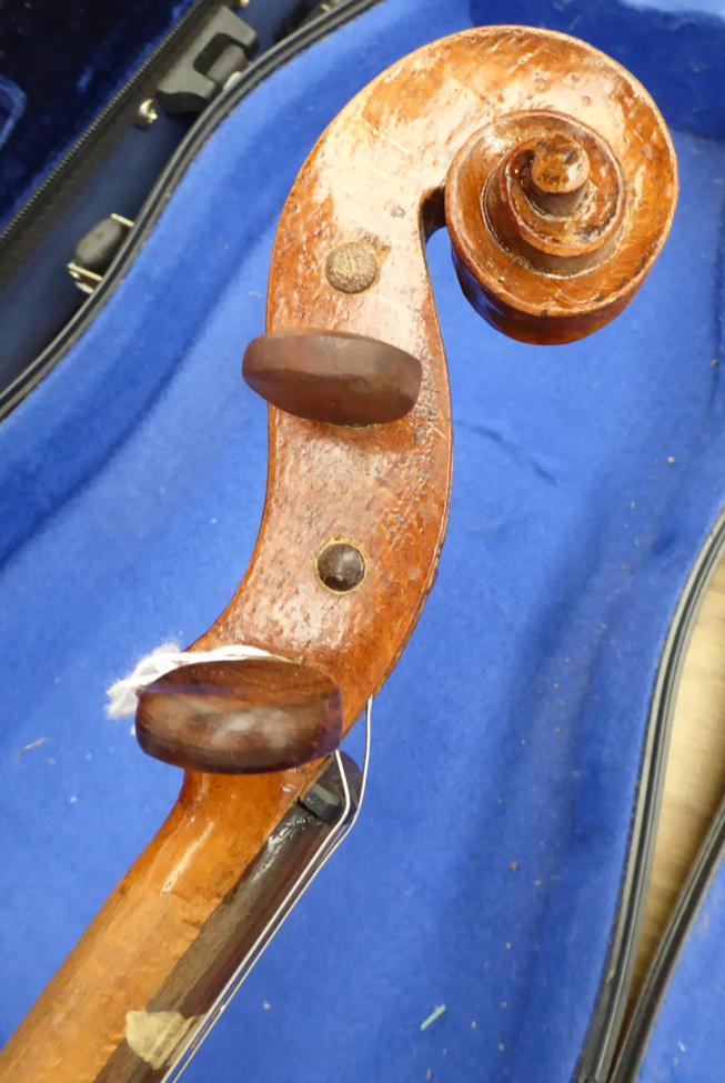 Violin 14'' one piece back, no label or maker's mark, cased with bowSome evidence of being - Image 8 of 14