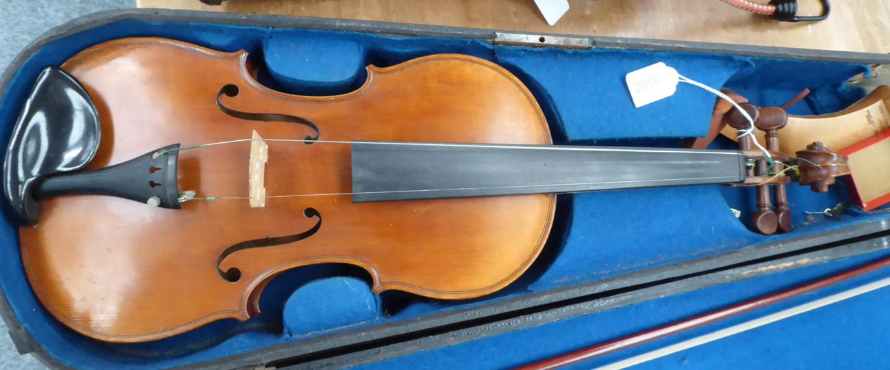 Violin 14'' one piece back, ebony fingerboard, no label, cased with bow - Image 2 of 14