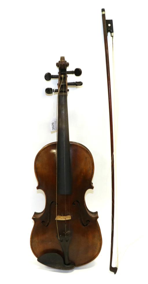 Violin 14 1/4'' two piece back, no label, decorative pattern inlay down back, cased with bowBody