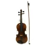 Violin 14 1/4'' two piece back, no label, decorative pattern inlay down back, cased with bowBody