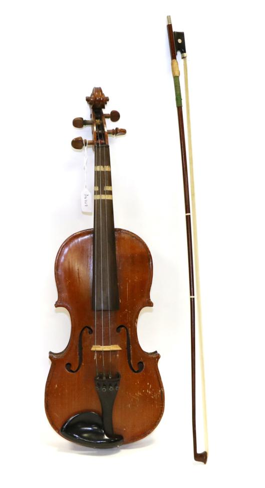Violin 14'' one piece back, no label or maker's mark, cased with bowSome evidence of being
