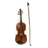 Violin 14'' one piece back, no label or maker's mark, cased with bowSome evidence of being