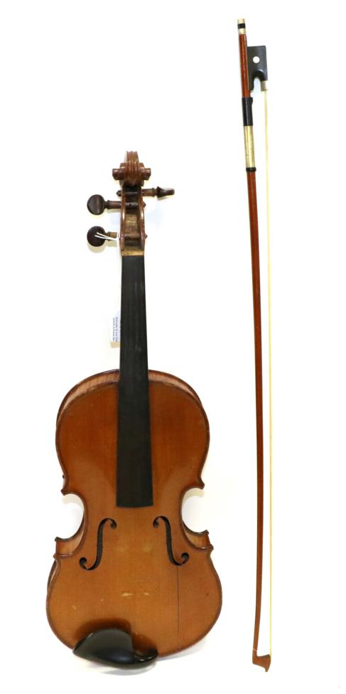 Violin 14 1/8'' two piece back, no label, ebony finger board, cased with bowHas one repaired crack