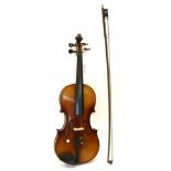 Violin 14 1/4'' two piece back, ebony fingerboard, mismatched pegs, label reads 'Copy of