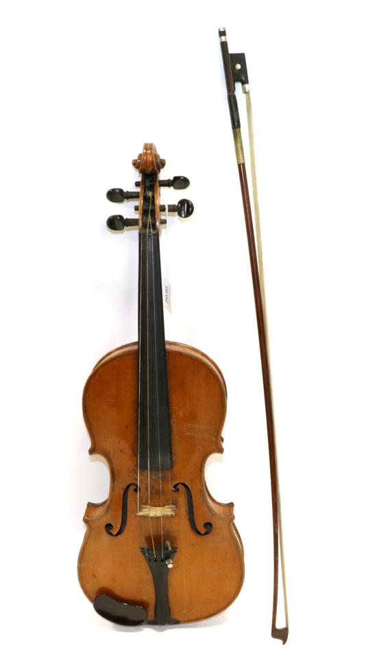 Violin 14 1/8 two piece back, ebony fingerboard and pegs, no maker's name or label (cased with bow)