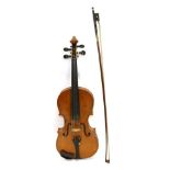 Violin 14 1/8 two piece back, ebony fingerboard and pegs, no maker's name or label (cased with bow)