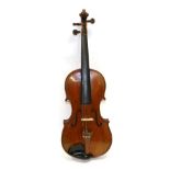 Violin 14 1/4'' two piece back, ebony fingerboard, mismatched pegs one missing, no label, cased with