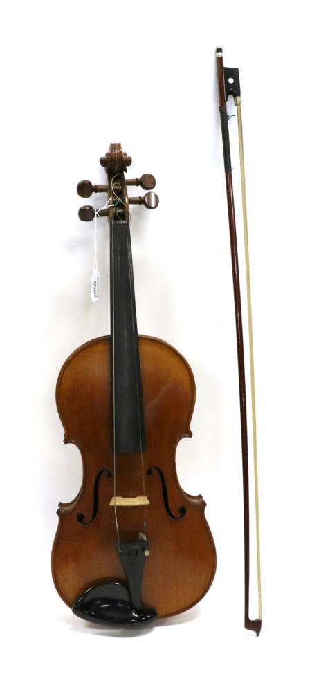 Violin 14'' one piece back, ebony fingerboard, no label, cased with bow