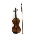 Violin 14'' one piece back, ebony fingerboard, no label, cased with bow